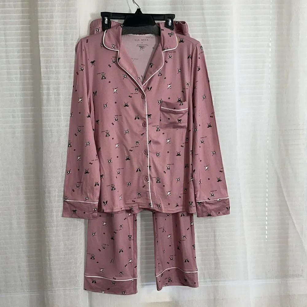RAE DUNN. M-XL Pink Black Mini Dog Print Notched Collar Long Pants PJ Set